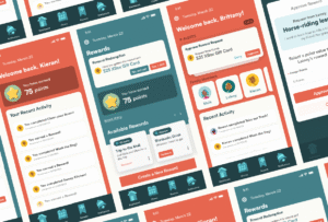 Bright colored screen mockups of a family chore app design laid out in a diagonal pattern