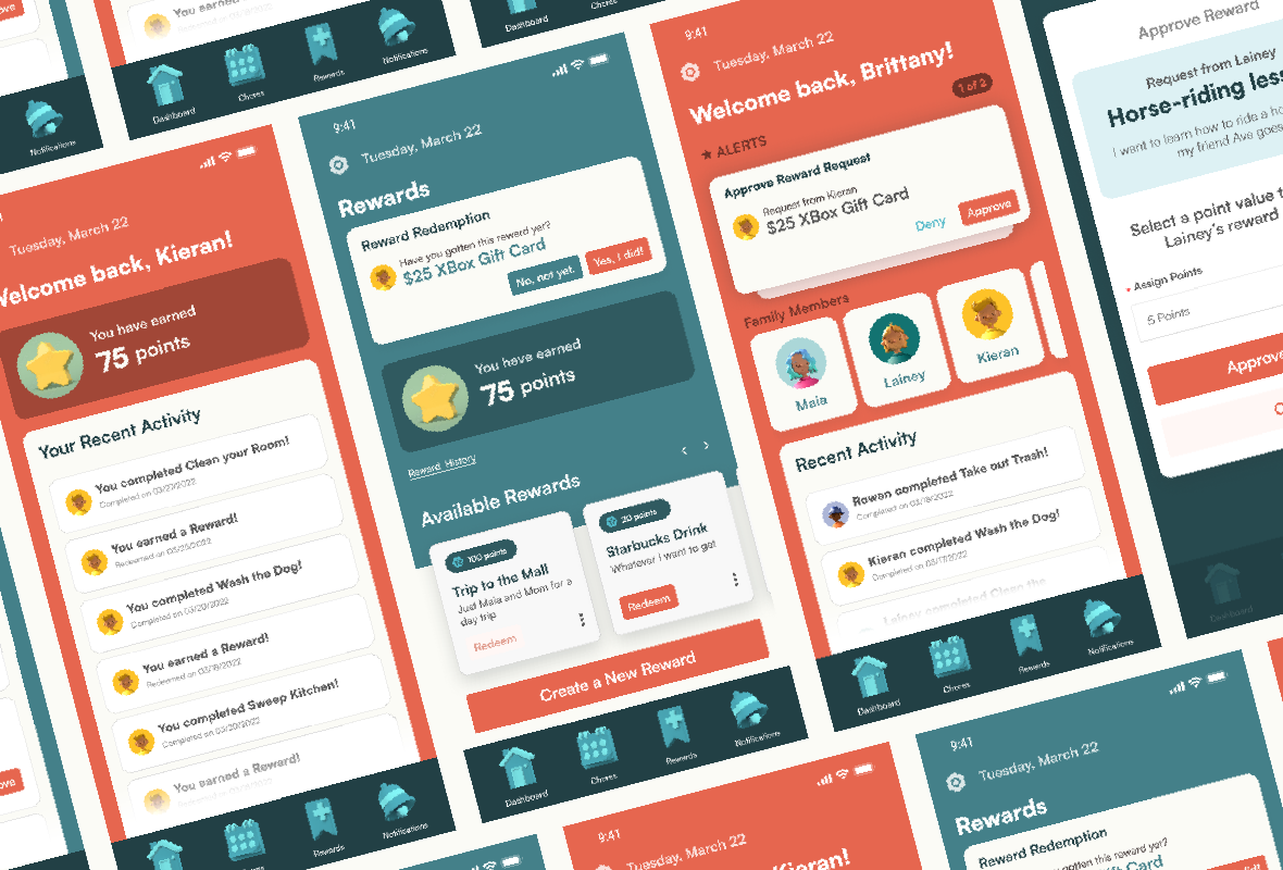 Bright colored screen mockups of a family chore app design laid out in a diagonal pattern