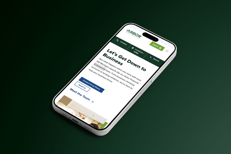 iphoneMOckup arbor financial website mockup on an iphone on a green background