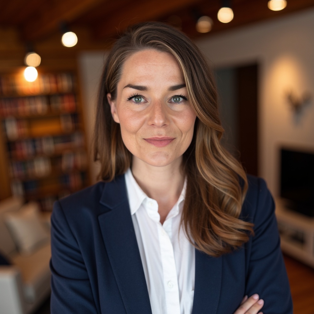 portrait of megan wearing a white collared shirt under a navy blazer with a blurred background of a library room with a tv and sofa