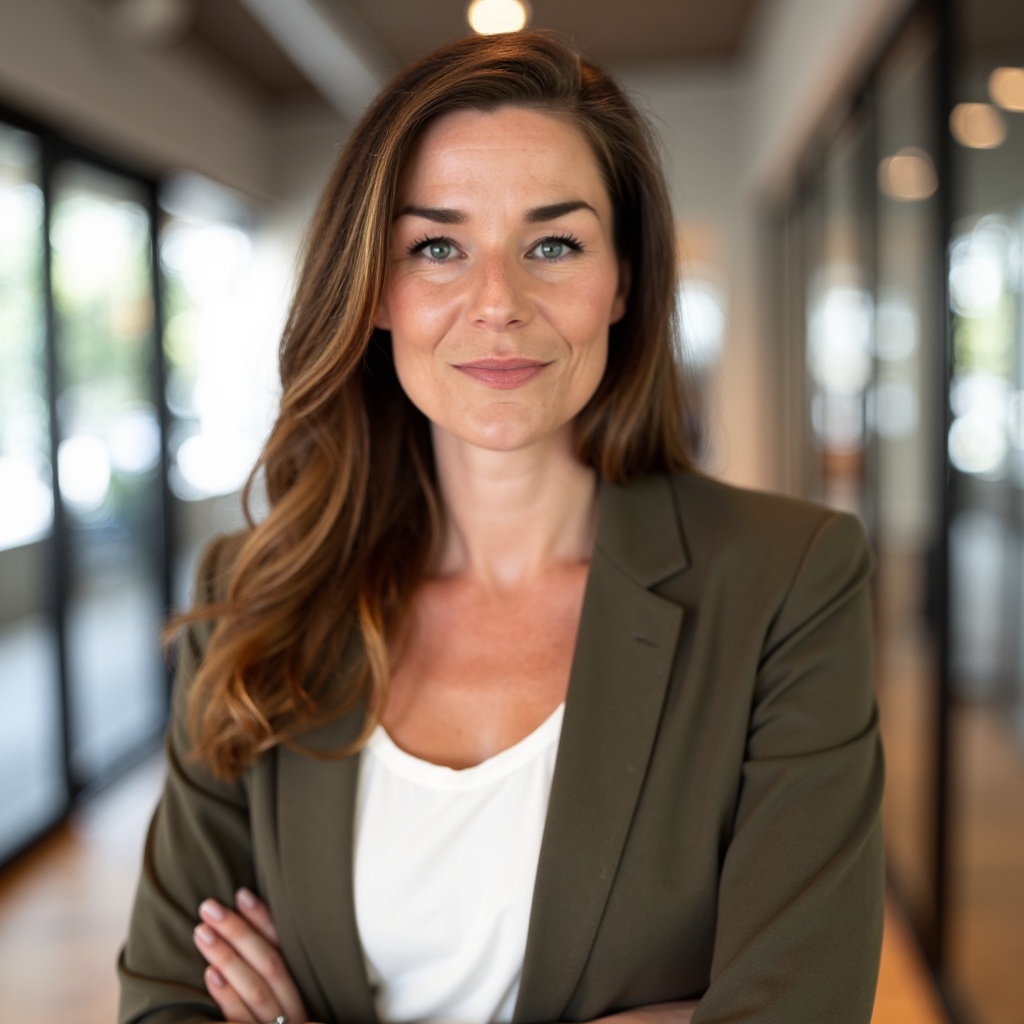 megan wearing a olive green blazer and white shirt with arms crossed and smiling