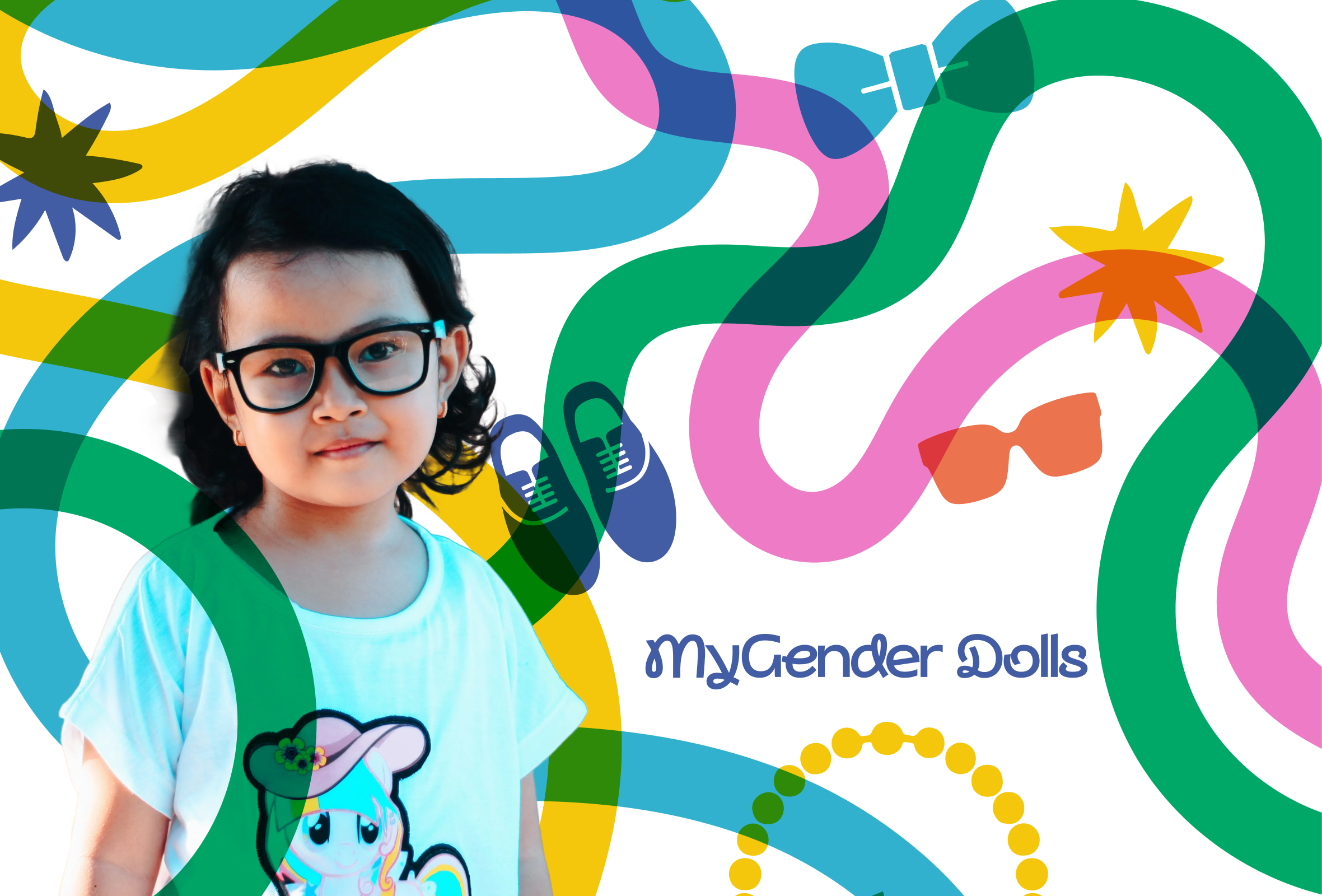 bright squiggly bands of color and a juxtaposition of a gender diverse child wearig glasses and a unicorn t-shirt with the logo set in the illustration