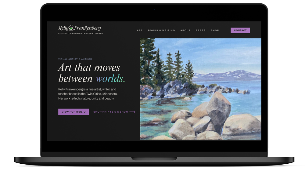 kelly frankenberg homepage design in a laptop mockup device